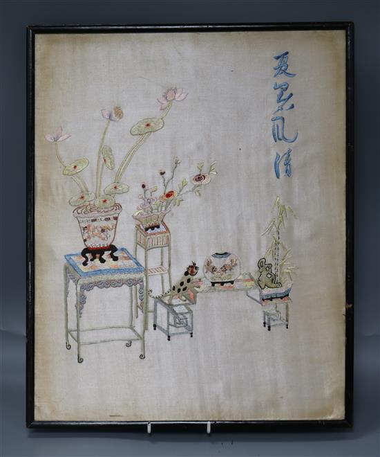 A Chinese embroidered silk picture of antiques, early 20th century, 36cm wide, 45cm high